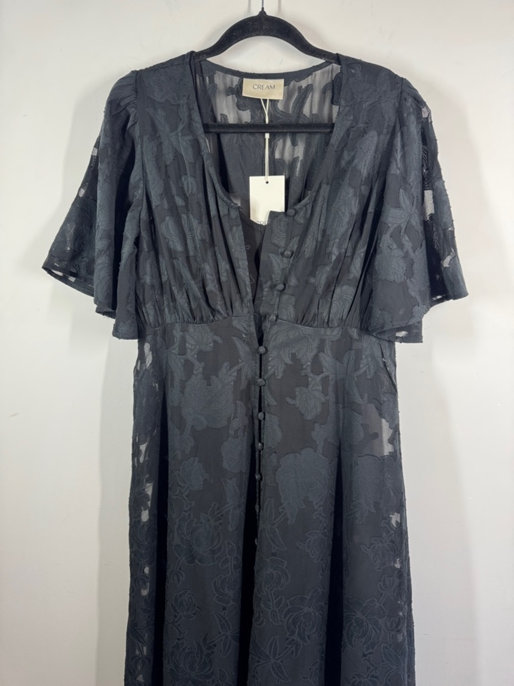 CREAM Black Jacquard Midi Dress Size 8 Sheer Sleeve Dark Romantic Chic Grunge - Picture 3 of 13